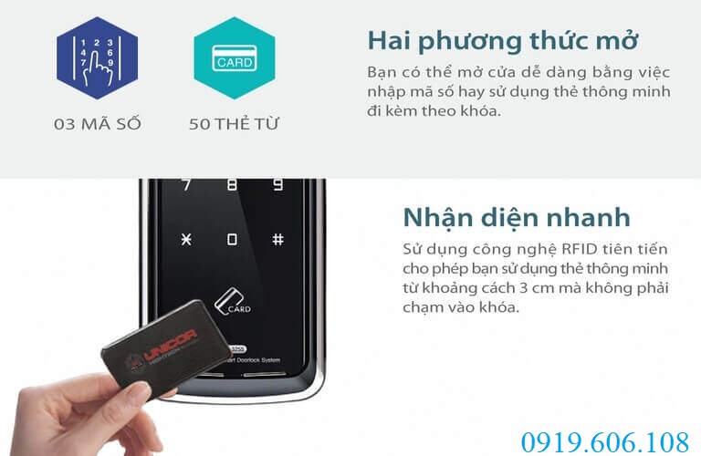 Hai chức năng mở cửa của khóa thẻ từ Unicor UN-325S-SA được ứng dụng công nghệ cao, có độ bảo an và chống sao chép tối ưu