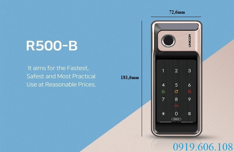Khóa cửa vân tay Unicor R500-B kiểu dáng hiện đại, gọn nhẹ giúp bảo an tốt cho không gian của bạn