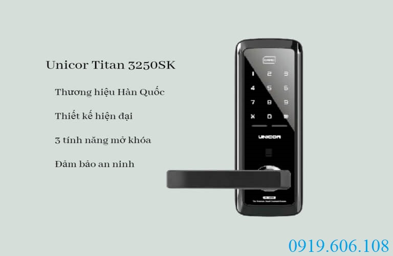 Khóa cửa thẻ từ Unicor Titan 3250SK với thiết kế hiện đại, nhiều tính năng mở khóa tiện lợi, đảm bảo an toàn cho không gian của bạn