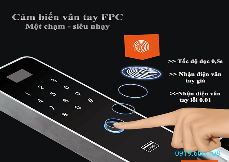 Công nghệ cảm biến vân tay FPC Thụy Điển có tốc độ đọc vân nhanh, tính bảo mật cao, chỉ nhận diện vân tay có thể sống có áp suất nhiệt độ đúng với dấu vân đã lưu